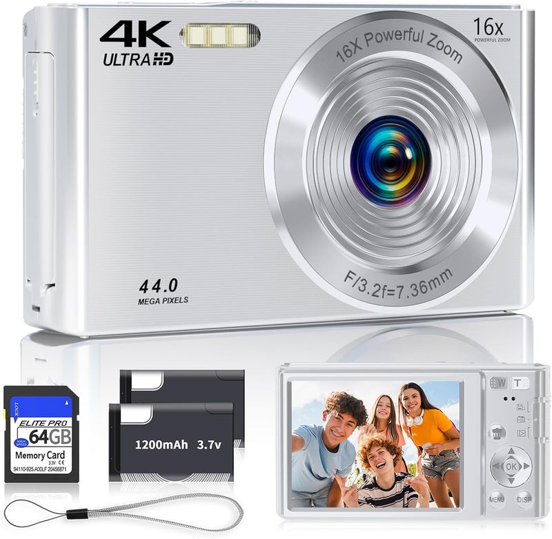 SMARTKLIK Digital Camera, 2025 4K 44MP Autofocus Digital Cameras for Teens, Silver Point and Shoot Camera for Kids with 16X Zoom, 64GB SD Card, Compact Small for Boys Girls Teens Kids Gift - Image 1